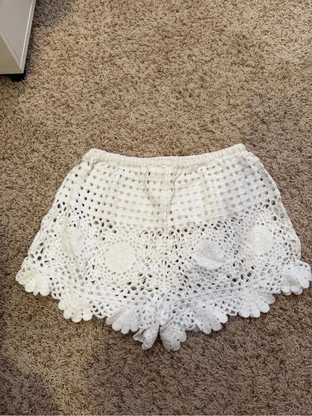 White Crochet Swim Coverup Shorts with Floral Openwork